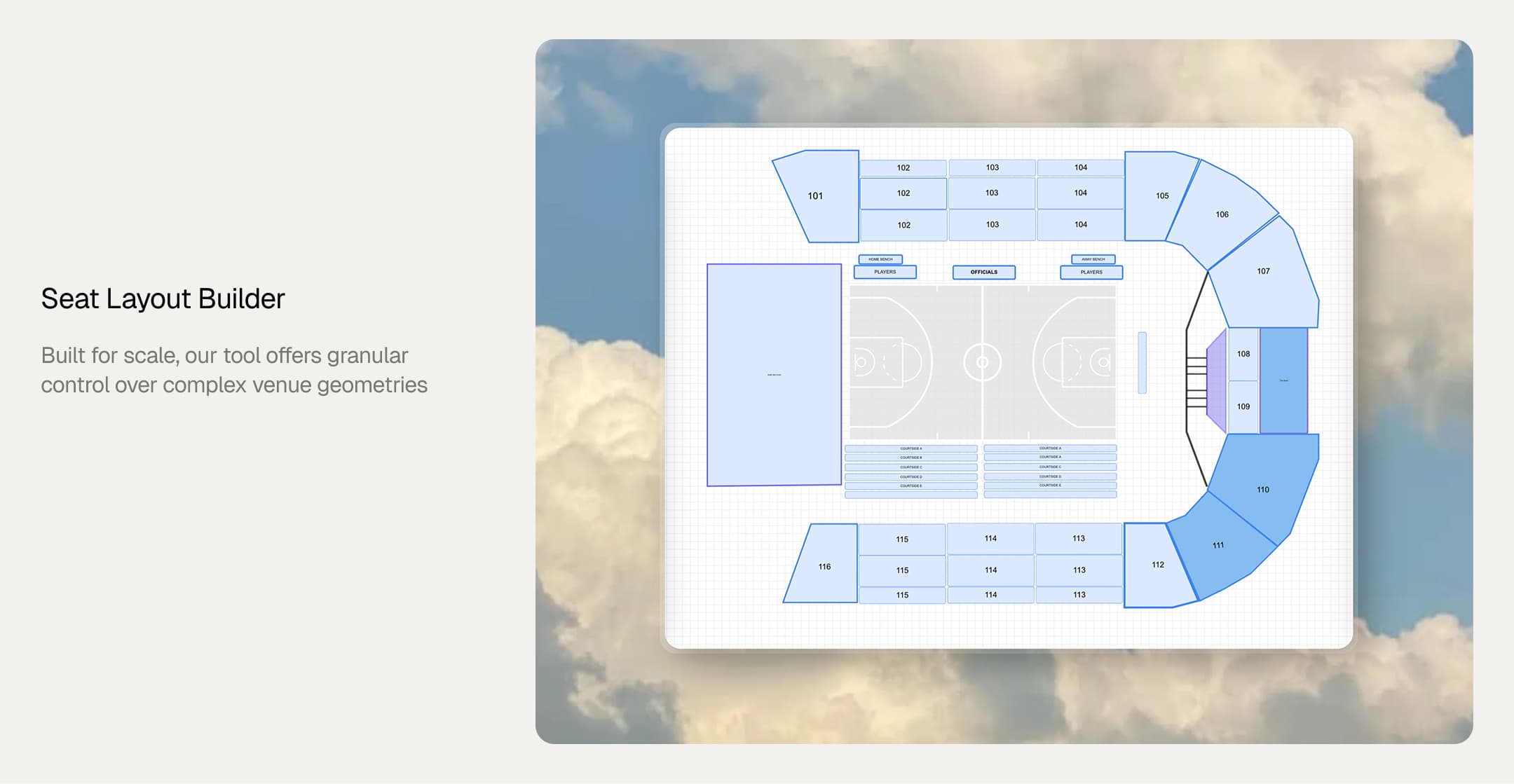 Seat Layout Builder interface showing a basketball arena with detailed seating sections