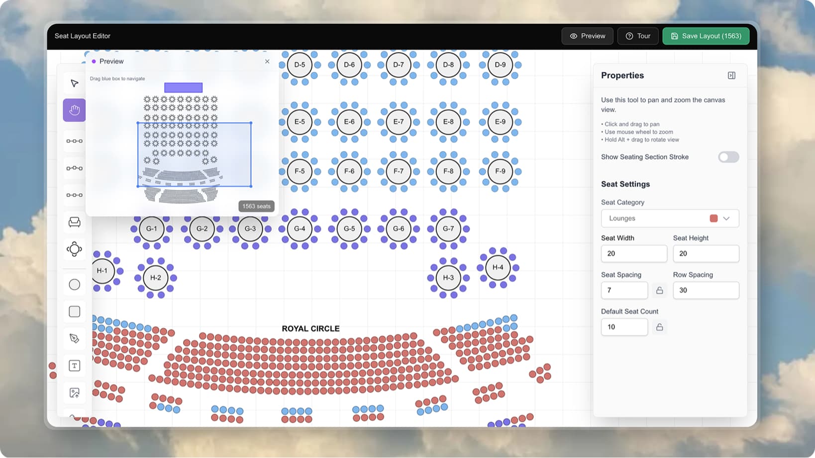 Seat Layout Builder interface showing a basketball arena with detailed seating sections